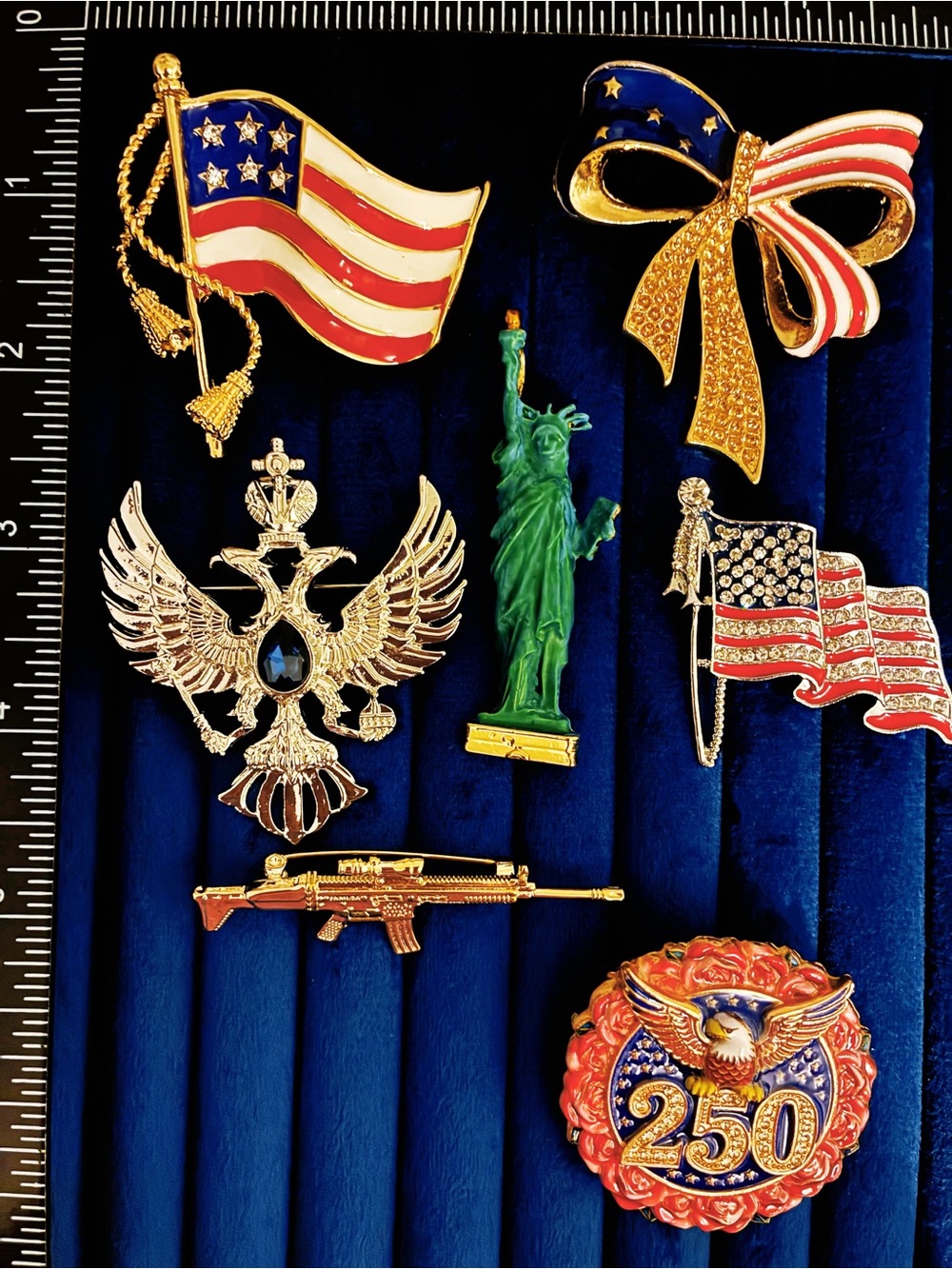 7 Pc Lot USA Flag Eagle Statue Liberty Rifle Brooch Pin Red White Blue